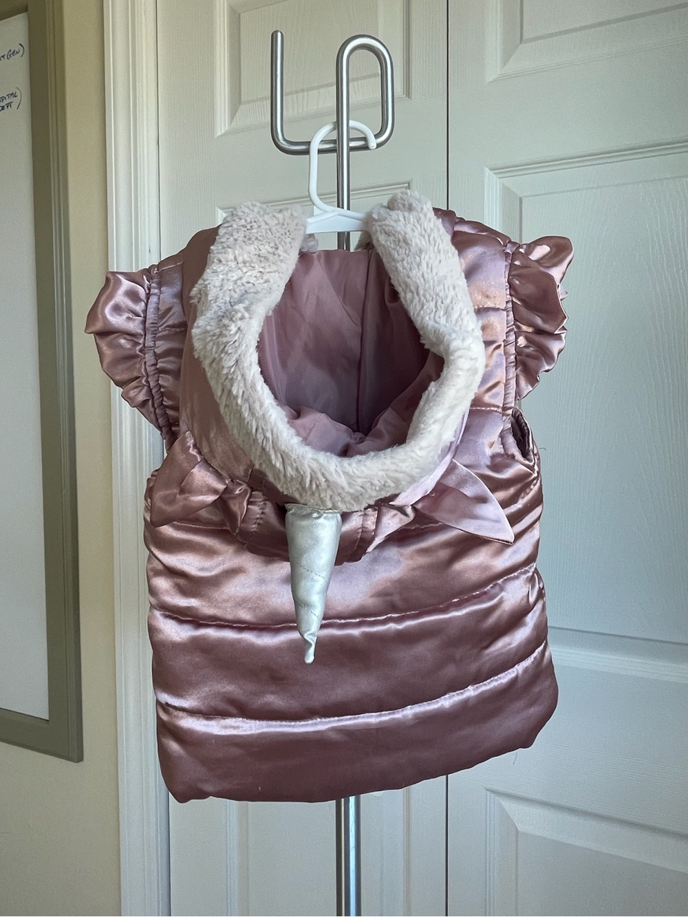 Girls Satin Puffer Vest with Faux Fur Unicorn Hood - Rose Pink, shirt & jeans